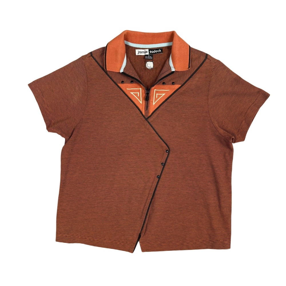 Jamie Sadock Womens Medium Orange Striped Asymmetric Zip Golf Polo Shirt